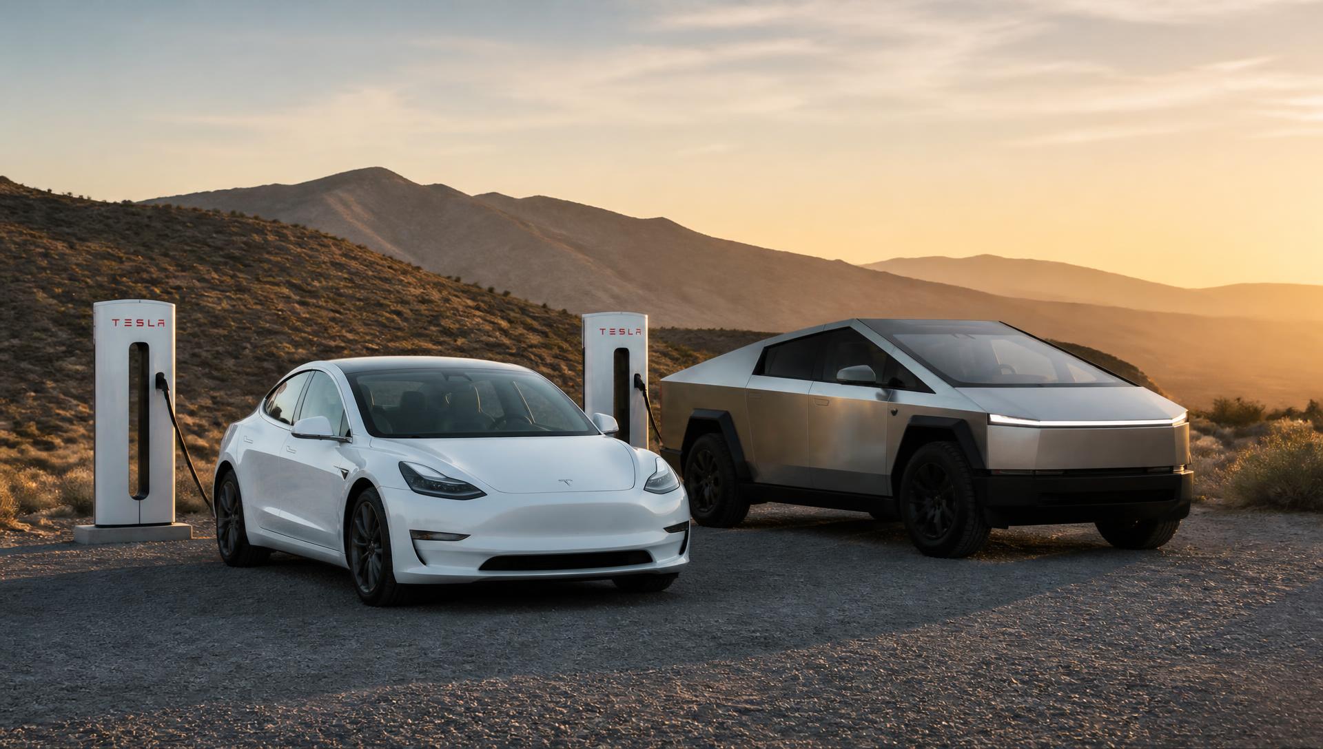 Two electric vehicles charging at desert charging stations at sunset